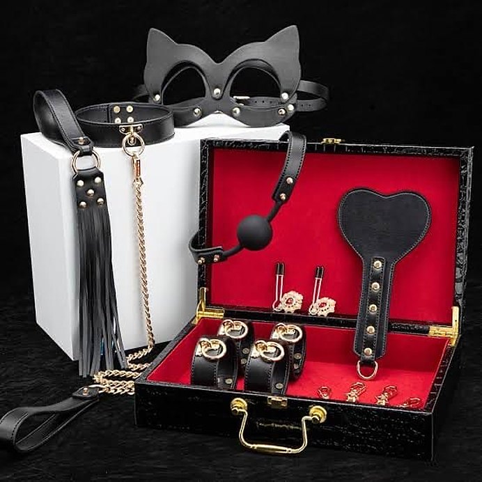 Black leather mask and restraint set in presentation case