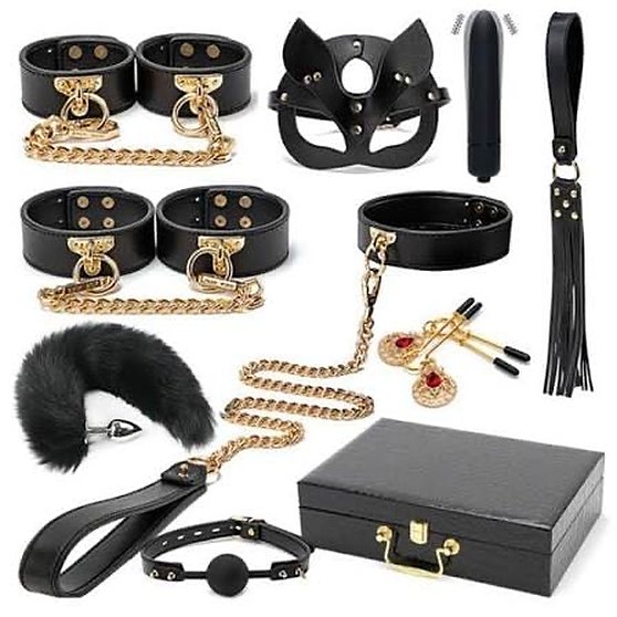 Black leather and gold chain collar set with mask